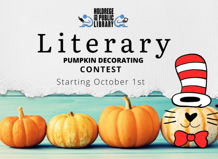 picture of pumpkins, one is decorated with a hat and bowtie. text 'literary pumpkin decorating contest starting october 1st' with the Holdrege Area Public Library logo